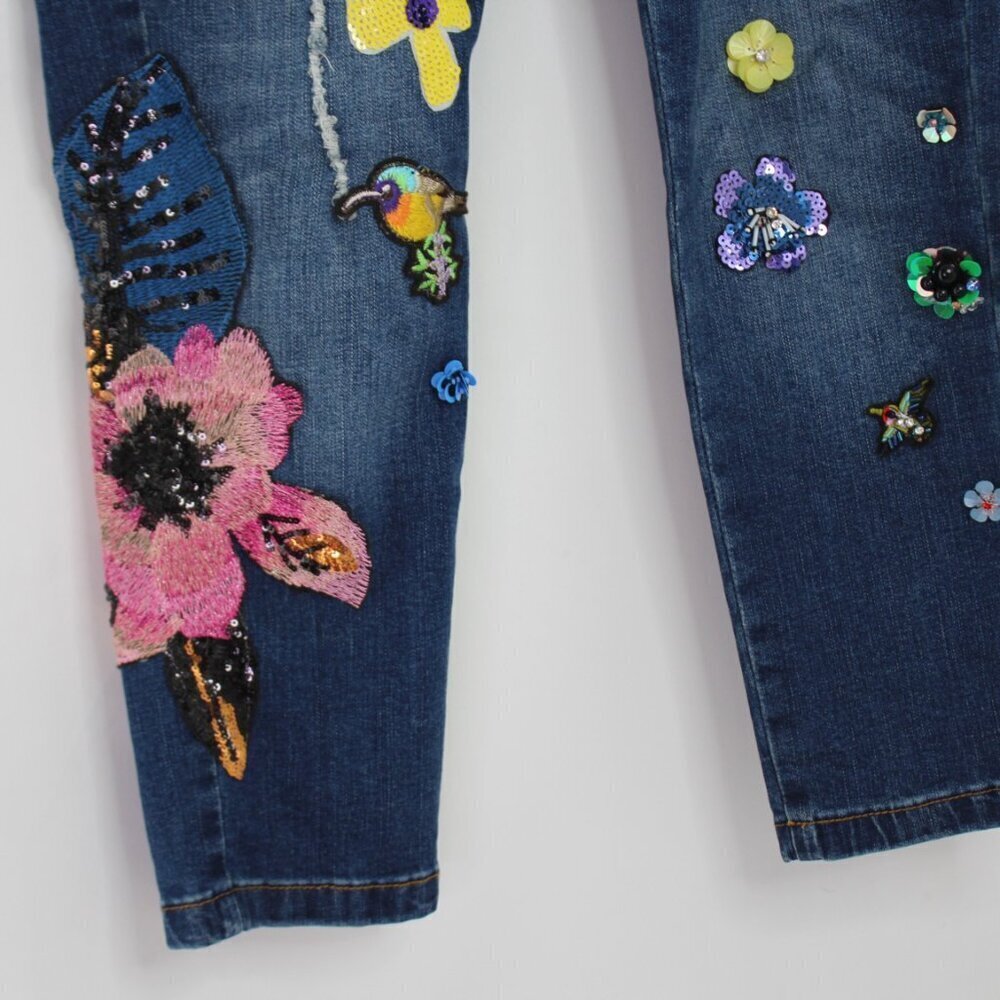 V. Cristina Parrot Floral Embellished Denim Jeans Size 4 - Picture 5 of 9